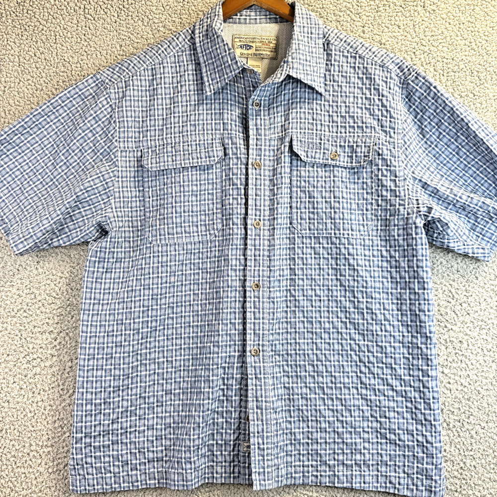 AFTCO Shirt Men XL Blue Polyester Seersucker Short Sleeve Button Up Fishing